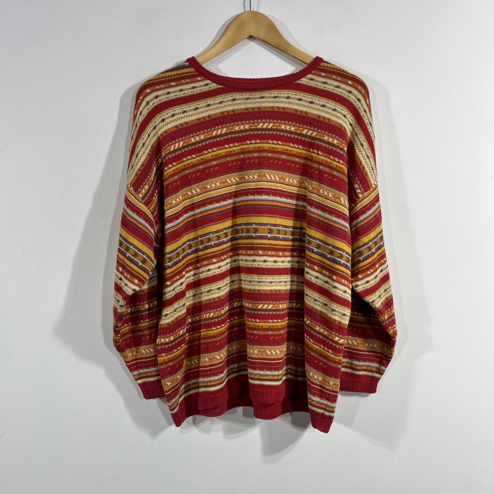 Stefanel Vintage Folk 90s Granola Multi Color Striped Knit Crew Neck Sweater XL